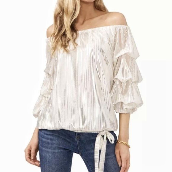 Vince Camuto Silver White Striped Peasant Blouse Off The Shoulder Angel S - Picture 1 of 6